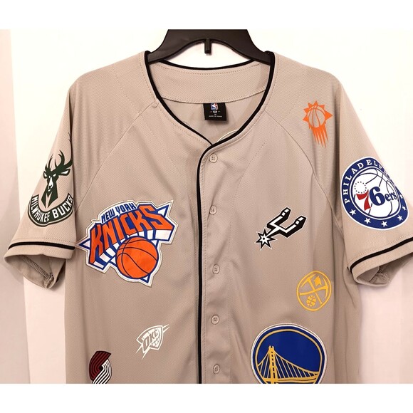 Vtg NBA Jersey Shirt Men M Tan All Over Print Patchwork Lakers Bulls Knicks Heat - Picture 4 of 11